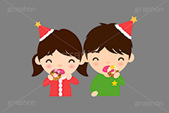 クリスマスパーティー,ドーナツを食べる子供,クリスマス,パーティー,子供,キッズ,男の子,女の子,男女,スイーツ,ドーナツ,ドーナッツ,おやつ,菓子,お菓子,食べる,食べる人,人物,キャラクター,イラスト,挿絵,挿し絵,冬,illustration,kids,donut,christmas