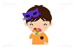 ハロウィンパーティー,ドーナツを食べる男の子,ドーナツを食べる子供,ハロウィン,パーティー,子供,キッズ,男の子,スイーツ,ドーナツ,ドーナッツ,おやつ,菓子,お菓子,食べる,食べる人,人物,キャラクター,イラスト,挿絵,挿し絵,illustration,kids,donut,halloween