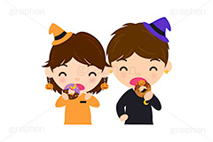ハロウィンパーティー,ドーナツを食べる男女,ハロウィン,パーティー,若者,カップル,兄弟,男女,スイーツ,ドーナツ,ドーナッツ,おやつ,菓子,お菓子,食べる,食べる人,人物,キャラクター,イラスト,挿絵,挿し絵,illustration,kids,donut,halloween