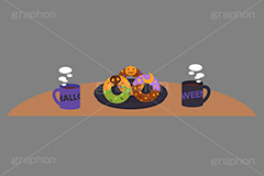 ハロウィンパーティー,ハロウィンドーナツ,ハロウィンスイーツ,ハロウィン,パーティー,ドーナツ,ドーナッツ,チョコドーナツ,スイーツ,お菓子,菓子,おやつ,チョコ,チョコレート,トッピング,デコレーション,焼き菓子,焼菓子,紅茶,ティー,ティーカップ,皿,挿絵,挿し絵,illustration,donut,halloween