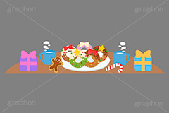 クリスマスパーティー,クリスマスドーナツ,クリスマススイーツ,クリスマス,ドーナツ,ドーナッツ,パーティー,チョコドーナツ,スイーツ,リース,お菓子,菓子,おやつ,チョコ,チョコレート,トッピング,デコレーション,焼き菓子,焼菓子,紅茶,ティー,ティーカップ,皿,挿絵,挿し絵,illustration,donut,christmas
