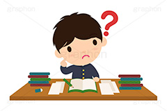 わからない,疑問,難問,迷い,思考,考え,はてな,学校,教室,塾,課題,試験,受験,勉強,宿題,徹夜,一夜漬け,教科書,クエスチョン,テスト,プリント,ノート,鉛筆,えんぴつ,文具,文房具,ステーショナリー,男子学生,学生,制服,生徒,中学生,高校生,学校,学ラン,男子,イラスト,キャラクター,人物,ポップ,可愛い,かわいい,カワイイ,挿絵,挿し絵,illustration,POP,boy