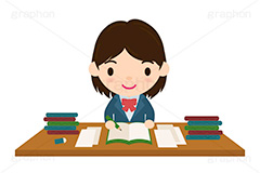 勉強,宿題,予習,復習,学校,教室,塾,課題,試験,受験,教科書,テスト,プリント,ノート,鉛筆,えんぴつ,文具,文房具,ステーショナリー,女子学生,学生,制服,生徒,中学生,高校生,学校,ブレザー,女子,イラスト,キャラクター,人物,ポップ,可愛い,かわいい,カワイイ,挿絵,挿し絵,illustration,POP,girl