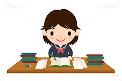 勉強,宿題,予習,復習,学校,教室,塾,課題,試験,受験,教科書,テスト,プリント,ノート,鉛筆,えんぴつ,文具,文房具,ステーショナリー,女子学生,学生,制服,生徒,中学生,高校生,学校,セーラー服,女子,イラスト,キャラクター,人物,ポップ,可愛い,かわいい,カワイイ,挿絵,挿し絵,illustration,POP,girl