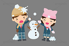 雪合戦,雪,冬,雪玉,寒い,遊び,雪ダルマ,雪だるま,冬服,防寒,手袋,ニット帽,猫耳,マフラー,行事,中学生,高校生,学生,制服,ブレザー,男子,女子,人物,キャラクター,イラスト,かわいい,カワイイ,可愛い,挿絵,挿し絵,character,japan,snow,snowman,winter,illustration