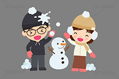雪合戦,雪,冬,雪玉,寒い,遊び,雪ダルマ,雪だるま,冬服,防寒,手袋,耳当て,耳あて,ニット帽,マフラー,行事,男性,女性,メガネ男子,男女,カップル,人物,キャラクター,イラスト,かわいい,カワイイ,可愛い,挿絵,挿し絵,character,japan,snow,snowman,winter,illustration