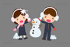 雪合戦,雪,冬,雪玉,寒い,遊び,雪ダルマ,雪だるま,冬服,防寒,耳当て,耳あて,手袋,マフラー,行事,中学生,高校生,学生,制服,学ラン,セーラー服,男子,女子,人物,キャラクター,イラスト,かわいい,カワイイ,可愛い,挿絵,挿し絵,character,japan,snow,snowman,winter,illustration