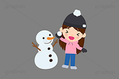 雪合戦,雪,冬,雪玉,寒い,遊び,雪ダルマ,雪だるま,冬服,防寒,手袋,ニット帽,パーカー,行事,女性,若者,人物,キャラクター,イラスト,かわいい,カワイイ,可愛い,挿絵,挿し絵,character,japan,snow,snowman,winter,illustration