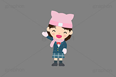 冬服の人,冬服,冬,寒い,防寒,手袋,耳当て,耳あて,マフラー,手を振る人,手を挙げる,人物,キャラクター,イラスト,かわいい,カワイイ,可愛い,挿絵,挿し絵,character,japan,winter,illustration