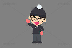 冬服の人,冬服,冬,寒い,防寒,手袋,耳当て,耳あて,マフラー,手を振る人,手を挙げる,人物,キャラクター,イラスト,かわいい,カワイイ,可愛い,挿絵,挿し絵,character,japan,winter,illustration