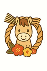 かわいい馬イラスト,馬イラスト,午,馬,うま,ウマ,かわいい,カワイイ,可愛い,キャラクター,梅,しめ縄,お正月飾り,午年,干支,正月,お正月,年賀状,2026午年,午年年賀状,新年,ニューイヤー,アニバーサリー,イラスト,illustration,japan,horse,cute,character