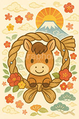 かわいい馬イラスト,馬イラスト,午,馬,うま,ウマ,かわいい,カワイイ,可愛い,キャラクター,富士山,初日の出,日の出,梅,しめ縄,お正月飾り,午年,干支,正月,お正月,年賀状,2026午年,午年年賀状,新年,ニューイヤー,アニバーサリー,イラスト,illustration,japan,horse,cute,character