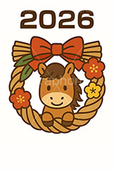 かわいい馬イラスト,馬イラスト,午,馬,うま,ウマ,かわいい,カワイイ,可愛い,キャラクター,しめ縄,お正月飾り,梅,午年,干支,正月,お正月,年賀状,2026午年,午年年賀状,新年,ニューイヤー,アニバーサリー,イラスト,illustration,japan,horse,cute,character