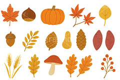 秋の素材セット,さつま芋,サツマイモ,さつまいも,キノコ・セット,きのこ,キノコ,茸,秋の味覚,カボチャ,かぼちゃ,パンプキン,落ち葉,紅葉,もみじ,モミジ,秋,イラスト,セットイラスト,セット,手描き風,illustration,autumn,mushroom