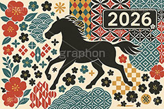 午年シンプルイラスト,和柄,花柄,馬イラスト,午,馬,うま,ウマ,午年,干支,正月,お正月,年賀状,2026午年,2026,午年年賀状,新年,シルエット,ニューイヤー,アニバーサリー,イラスト,illustration,japan,horse,silhouette