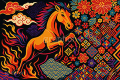 午年スカジャン風イラスト,スカジャン,刺繍,派手,和柄,花柄,馬イラスト,午,馬,うま,ウマ,午年,干支,正月,お正月,年賀状,2026午年,午年年賀状,新年,かっこいい,クール,シルエット,ニューイヤー,アニバーサリー,イラスト,illustration,japan,horse,silhouette,cool