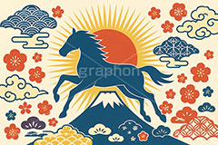 午年シンプルモダン,午年シンプルイラスト,シルエット,モダン,和柄,松,梅,馬イラスト,午,馬,うま,ウマ,午年,干支,正月,お正月,年賀状,日の出,初日の出,富士山,2026午年,午年年賀状,新年,ニューイヤー,アニバーサリー,イラスト,おしゃれ,お洒落,オシャレ,illustration,japan,horse,silhouette