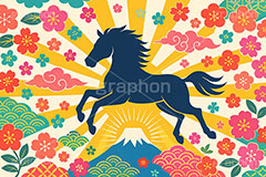 午年カラフルイラスト,午年シンプルイラスト,シルエット,カラフル,和柄,松,梅,馬イラスト,午,馬,うま,ウマ,午年,干支,正月,お正月,年賀状,日の出,初日の出,富士山,2026午年,午年年賀状,新年,ニューイヤー,アニバーサリー,イラスト,派手,illustration,japan,horse,silhouette,colorful