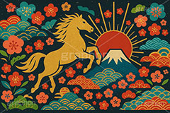 午年スカジャン風イラスト,スカジャン,金箔,金粉,刺繍,派手,和柄,花柄,馬イラスト,午,馬,うま,ウマ,午年,干支,正月,お正月,年賀状,2026午年,午年年賀状,新年,日の出,初日の出,かっこいい,クール,シルエット,ニューイヤー,アニバーサリー,イラスト,illustration,japan,horse,silhouette,cool