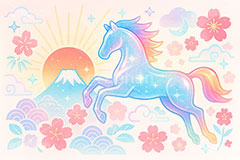 ガラスの馬,ガラス,ガラス細工,馬イラスト,午,馬,うま,ウマ,午年,干支,正月,お正月,年賀状,日の出,初日の出,富士山,梅,2026午年,午年年賀状,新年,ニューイヤー,アニバーサリー,イラスト,派手,パステル,水彩,illustration,japan,horse,glass,pastel