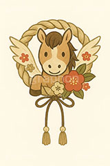 かわいい馬イラスト,馬イラスト,午,馬,うま,ウマ,ペガサス,かわいい,カワイイ,可愛い,キャラクター,しめ縄,お正月飾り,飾り,梅,午年,伝説,干支,正月,お正月,年賀状,2026午年,午年年賀状,新年,ニューイヤー,アニバーサリー,イラスト,illustration,japan,horse,cute,character