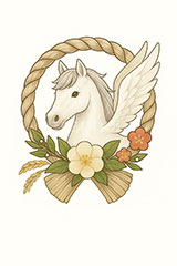 かわいい馬イラスト,馬イラスト,午,馬,白馬,うま,ウマ,ペガサス,かわいい,カワイイ,可愛い,キャラクター,しめ縄,お正月飾り,飾り,梅,午年,伝説,干支,正月,お正月,年賀状,2026午年,午年年賀状,新年,ニューイヤー,アニバーサリー,イラスト,illustration,japan,horse,cute,character