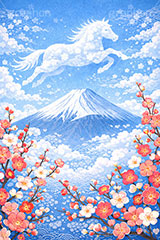 馬の雲,富士山,雲,青空,梅,梅の花,馬イラスト,午,馬,うま,ウマ,午年,干支,正月,お正月,年賀状,2026午年,午年年賀状,新年,ニューイヤー,アニバーサリー,イラスト,illustration,japan,horse