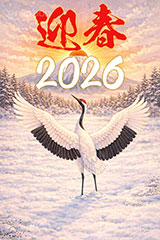 鶴のイラスト,2026,迎春,富士山,雪,雪景色,雪化粧,初日の出,日の出,鶴,つる,ツル,野鳥,鳥,めでたい,正月,お正月,年賀状,新年,ニューイヤー,アニバーサリー,イラスト,illustration,japan,crane