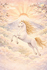 初日の出(午年),馬イラスト,午,馬,うま,ウマ,富士山,初日の出,日の出,午年,干支,正月,お正月,梅,梅の花,水彩,水彩画,年賀状,2026午年,午年年賀状,新年,ニューイヤー,アニバーサリー,イラスト,illustration,japan,horse