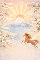 初日の出(午年),馬イラスト,午,馬,うま,ウマ,富士山,初日の出,日の出,午年,干支,正月,お正月,梅,梅の花,水彩,水彩画,年賀状,2026午年,午年年賀状,新年,ニューイヤー,アニバーサリー,イラスト,illustration,japan,horse