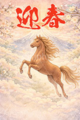 初日の出(午年),迎春,馬イラスト,午,馬,うま,ウマ,富士山,初日の出,日の出,午年,干支,正月,お正月,梅,梅の花,水彩,水彩画,年賀状,2026午年,午年年賀状,新年,ニューイヤー,アニバーサリー,イラスト,illustration,japan,horse