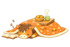 かわいい馬イラスト,馬イラスト,午,馬,うま,ウマ,こたつ,うたた寝,寝正月,寝る,みかん,かわいい,カワイイ,可愛い,キャラクター,午年,干支,正月,お正月,年賀状,2026午年,午年年賀状,新年,ニューイヤー,アニバーサリー,イラスト,illustration,japan,horse,cute,character,AI生成素材