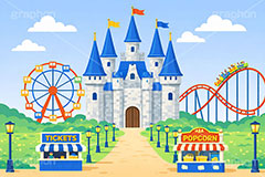 遊園地の背景,遊園地,テーマパーク,アトラクション,ジェットコースター,観覧車,売店,ポップコーン,お城,キャッスル,チケット,背景,amusement,themepark,castle,ticket