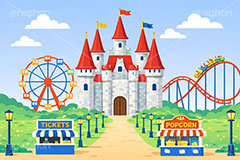 遊園地の背景,遊園地,テーマパーク,アトラクション,ジェットコースター,観覧車,売店,ポップコーン,お城,キャッスル,チケット,背景,amusement,themepark,castle,ticket