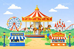 遊園地の背景,遊園地,テーマパーク,アトラクション,ジェットコースター,メリーゴーランド,観覧車,売店,ポップコーン,お城,キャッスル,チケット,背景,amusement,themepark,castle,ticket