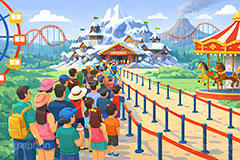 人気アトラクション,人気,行列,待ち時間,混雑,遊園地の背景,遊園地,火山,雪山,テーマパーク,アトラクション,ジェットコースター,メリーゴーランド,観覧車,背景,amusement,themepark