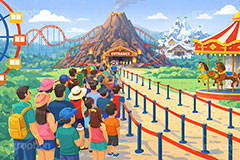 人気アトラクション,人気,行列,待ち時間,混雑,遊園地の背景,遊園地,火山,雪山,テーマパーク,アトラクション,ジェットコースター,メリーゴーランド,観覧車,背景,amusement,themepark