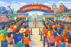 開園待ち,開園,入園,人気,行列,待ち時間,混雑,遊園地の背景,遊園地,火山,宇宙,城,キャッスル,ロケット,テーマパーク,アトラクション,ジェットコースター,背景,amusement,themepark,castle