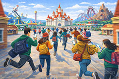 開園ダッシュ,ダッシュ,走る,スマホ,競争,開園待ち,開園,入園,人気,混雑,遊園地の背景,遊園地,火山,宇宙,城,キャッスル,ロケット,テーマパーク,アトラクション,ジェットコースター,背景,amusement,themepark,castle