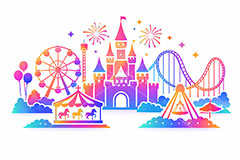 遊園地シルエット,シルエット,遊園地の背景,遊園地,テーマパーク,アトラクション,ジェットコースター,メリーゴーランド,観覧車,花火,風船,フリーフォール,バイキング,お城,キャッスル,背景,グラデーション,gradation,amusement,themepark,castle,balloon