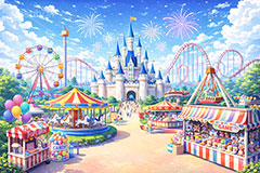 遊園地の背景,遊園地,テーマパーク,アトラクション,ジェットコースター,メリーゴーランド,観覧車,売店,花火,ポップコーン,キャンディ,ゲーム,バイキング,フリーフォール,バルーン,風船,お城,キャッスル,背景,amusement,themepark,castle,balloon