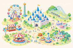 アイソメトリックな遊園地,アイソメトリック,パース,遊園地の背景,遊園地,テーマパーク,アトラクション,ジェットコースター,コーヒーカップ,フリーフォール,メリーゴーランド,観覧車,売店,ポップコーン,お城,キャッスル,背景,amusement,themepark,castle