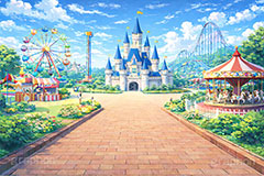 遊園地の背景,遊園地,テーマパーク,アトラクション,ジェットコースター,メリーゴーランド,フリーフォール,観覧車,売店,お城,キャッスル,背景,amusement,themepark,castle