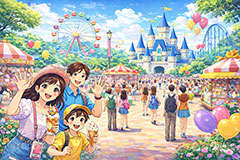 遊園地,遊園地の背景,親子,家族,子供,こども,ファミリー,思い出,記念撮影,テーマパーク,アトラクション,ジェットコースター,アイス,アイスクリーム,パフェ,スイーツ,デザート,食べ歩き,観覧車,風船,バルーン,売店,お城,キャッスル,背景,amusement,themepark,castle,family,balloon