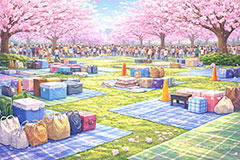 場所取り,争奪戦,混雑,レジャーシート,荷物,花見,お花見,会場,公園,満開,宴会,桜,さくら,サクラ,ブロッサム,春,花,花びら,花弁,イラスト,blossom,spring,flower,AI生成素材