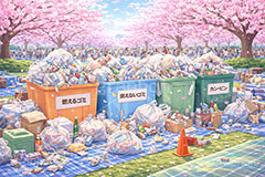 ゴミの山,ごみ,ゴミ,分別,リサイクル,缶,空き缶,ビン,びん,瓶,空き瓶,ペットボトル,燃えるゴミ,燃えないゴミ,捨て,ゴミ箱,ごみ箱,ルール,マナー,花見,お花見,会場,公園,満開,宴会,桜,さくら,サクラ,ブロッサム,春,花,花びら,花弁,イラスト,blossom,spring,flower,AI生成素材
