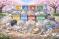 ゴミの山,ごみ,ゴミ,分別,リサイクル,缶,空き缶,ビン,びん,瓶,空き瓶,ペットボトル,燃えるゴミ,燃えないゴミ,捨て,ゴミ箱,ごみ箱,ルール,マナー,花見,お花見,会場,公園,満開,宴会,桜,さくら,サクラ,ブロッサム,春,花,花びら,花弁,イラスト,blossom,spring,flower,AI生成素材