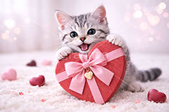 プレゼント,ハート,リボン,贈り物,愛,恋,バレンタインデー,バレンタイン,アメリカンショートヘアの子猫,ねこ,ネコ,猫,子猫,キャット,アメリカンショートヘア,アメショ,ニャー,にゃー,かわいい,カワイイ,可愛い,キュート,ペット,動物,cute,pet,cat,valentine,present,heart,AI生成素材