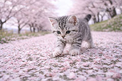 桜のじゅうたん,桜,さくら,サクラ,春,花見,花弁,花びら,散る,桜の花びら,公園,散歩,アメリカンショートヘアの子猫,ねこ,ネコ,猫,子猫,キャット,アメリカンショートヘア,アメショ,かわいい,カワイイ,可愛い,キュート,ペット,動物,cute,pet,cat,spring,blossom,AI生成素材