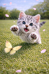 春のお散歩,蝶々,ちょうちょ,ちょう,追いかけ,芝生,春,公園,散歩,にゃー,ニャー,アメリカンショートヘアの子猫,ねこ,ネコ,猫,子猫,キャット,アメリカンショートヘア,アメショ,はしゃぐ,かわいい,カワイイ,可愛い,キュート,ペット,動物,cute,pet,cat,spring,AI生成素材